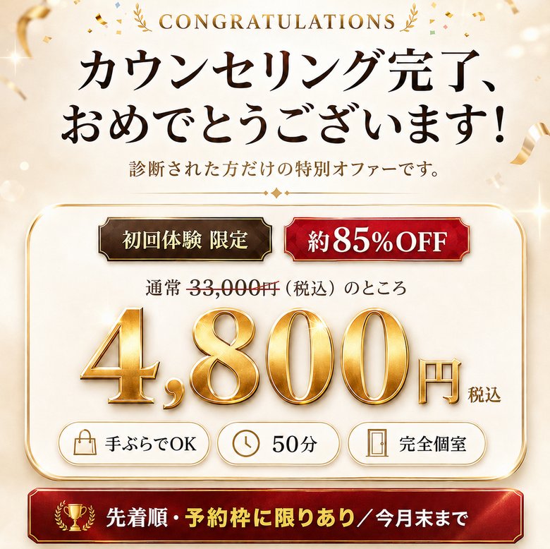 カウンセリング完了、おめでとうございます！診断された方だけの特別オファー。初回体験限定 約85%OFF 通常33,000円（税込）のところ4,800円（税込）。手ぶらでOK・50分・完全個室。先着順・予約枠に限りあり／今月末まで