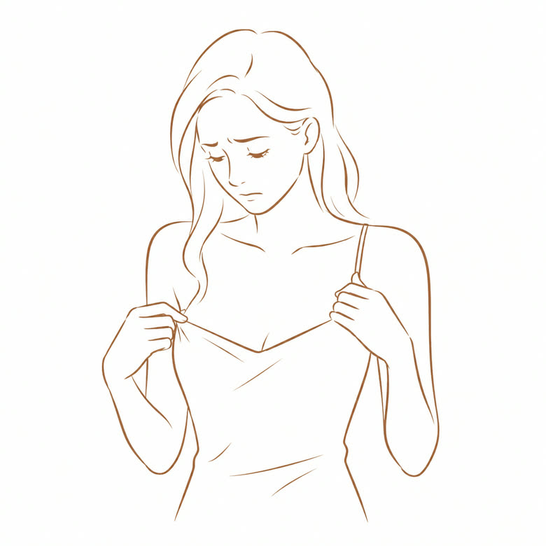 胸元を気にして服の襟元を確かめる女性のイラスト