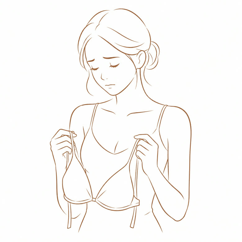 ブラジャーを手に困った表情を浮かべる女性のイラスト